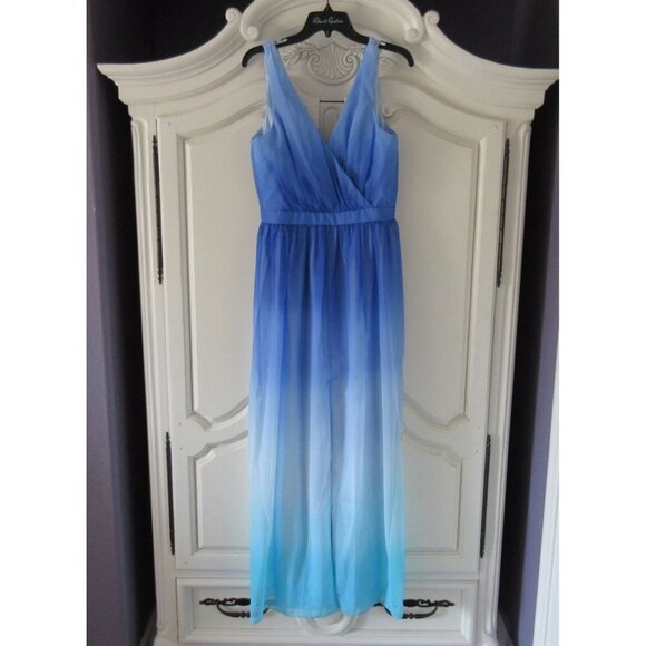 NWT Jay Godfrey Sinclair Blue Teal Ombre Chiffon Slit Front Maxi Dress Gown 8 - Picture 4 of 8